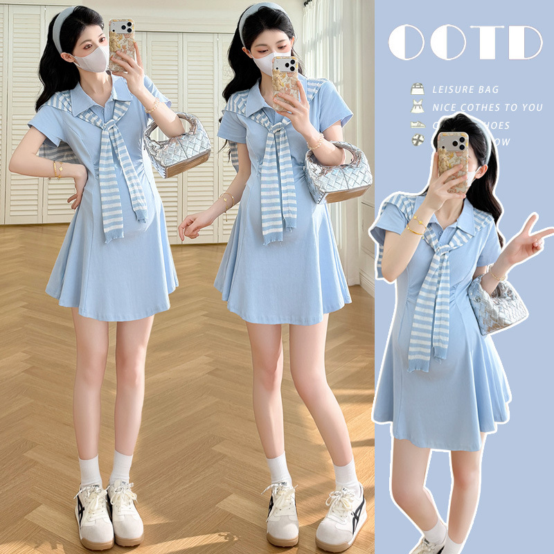 Ruched Dress Mini - ชุดคลุมท้องฤดูร้อน 2026 สีฟ้า คอปกโปโล แขนสั้น ชุดรัดเอว