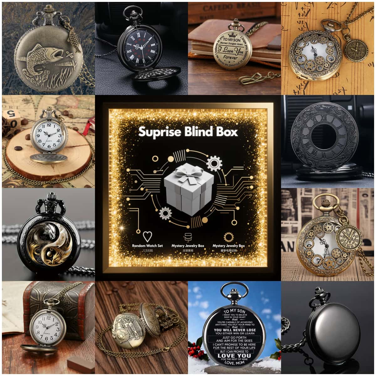 Fashion Women Watches - นาฬิกาพกควอตซ์วินเทจสุ่มแบบ 1 ชิ้น กล่องของขวัญเซอร์ไพรส์ลึกลับ สำหรับผู้ชายและผู้หญิง