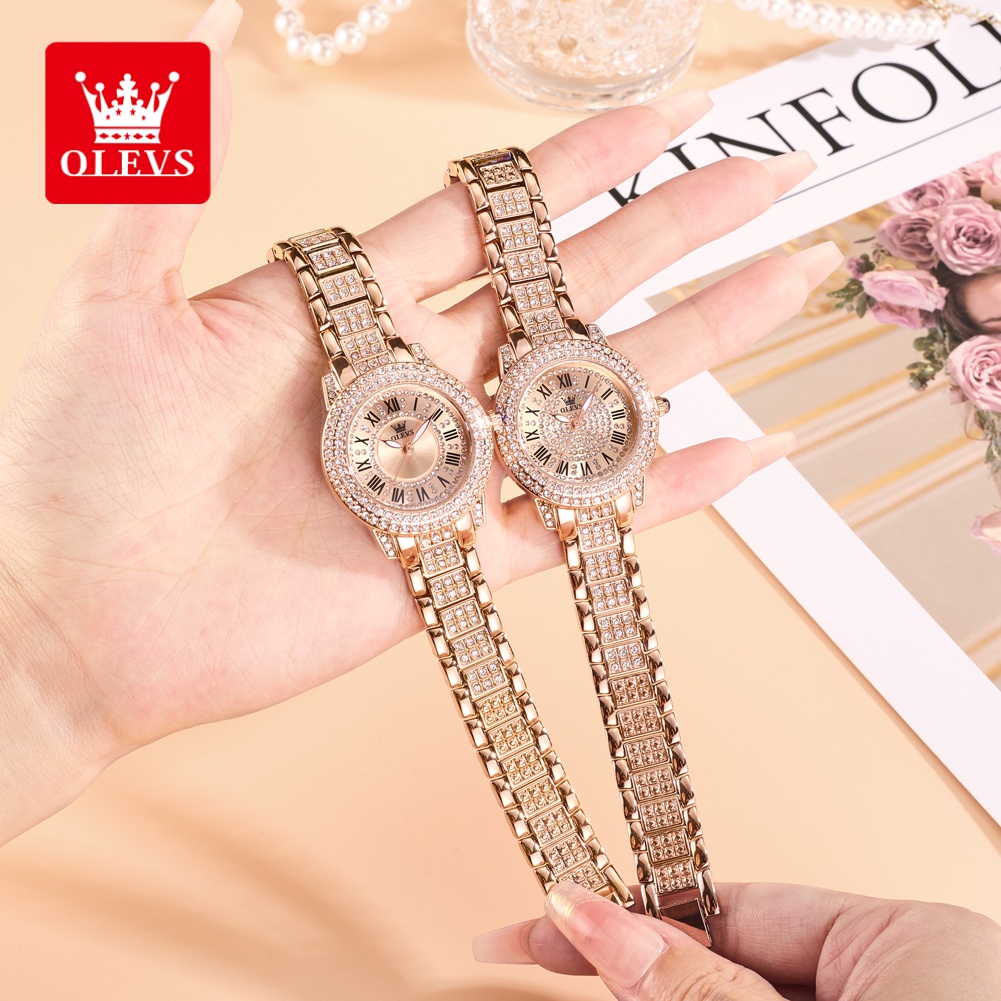 Fashion Women Watches - OLEVS นาฬิกาแฟชั่นสุดหรูสำหรับสุภาพสตรี หน้าปัดประดับเพชร กันน้ำ นาฬิกาควอทซ์ฝังเพชรสำหรับผู้หญิง นาฬิกาเดรสสวยงามทันสมัย