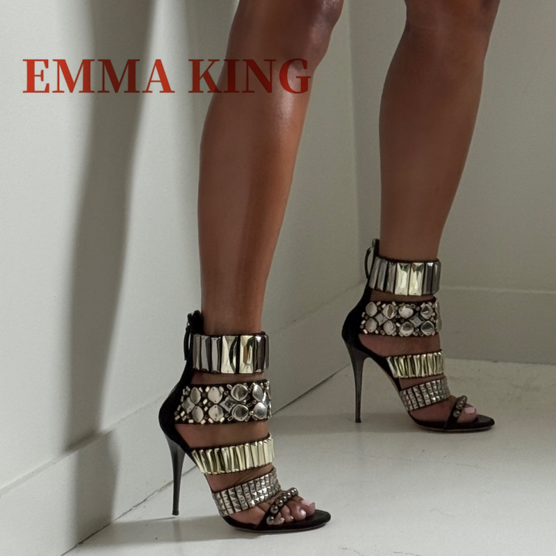Women Fashion Ideas - รองเท้าส้นสูงแบบรัดข้อเท้าประดับเพชร สีดำ สำหรับผู้หญิง สไตล์กลาดิเอเตอร์ เปิดนิ้วเท้า เหมาะสำหรับฤดูร้อน