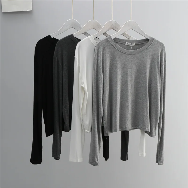 Women Top Fashion - เสื้อยืดแขนยาวคอโอ ผ้าผสมคอตตอน สำหรับผู้หญิง สีดำขาว สไตล์ลำลอง สำหรับฤดูใบไม้ร่วงและฤดูร้อน
