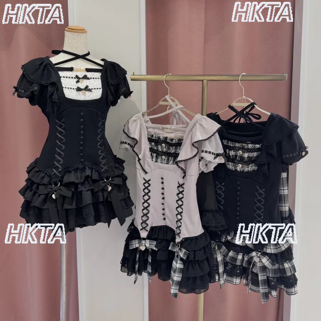 Ruched Dress Mini - ลิซ ชุดเดรสสั้นแขนสั้นสไตล์ญี่ปุ่นพร้อมริบบิ้นระบายและดีไซน์ตัดต่อ สำหรับผู้หญิง ฤดูใบไม้ร่วง ชุดเดรสโลลิต้าแขนยาวแบบใหม่ ชุดเซ็ต