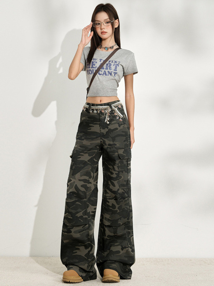 Women'S Fashion Utility Pants - กางเกงยีนส์แฟชั่นลายพรางสำหรับผู้หญิง ทรงขากว้าง เอวสูง กางเกงเดนิมลายพราง สไตล์สตรีทแวร์ทรงหลวม มีกระเป๋าอเนกประสงค์