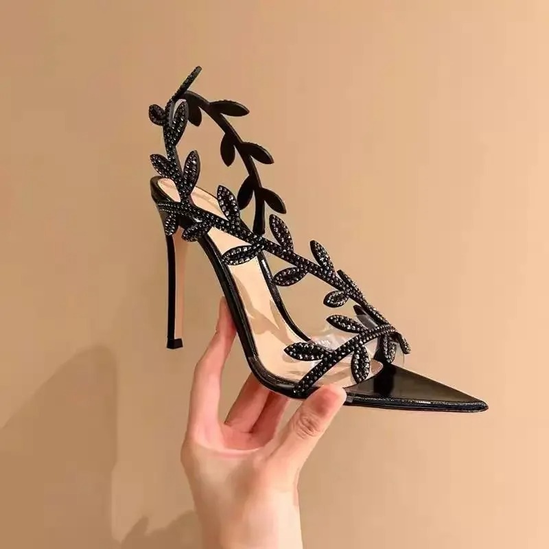 Women'S Fashion Summer 2025 - ฤดูร้อนใหม่ 2025 Golden สาขาและหยกใบรองเท้าส้นสูงสีดํา Pointed TIP