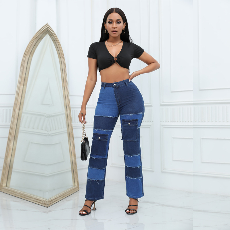 Women'S Fashion Utility Pants - กางเกงยีนส์ทรงยูทิลิตี้ สีบล็อก หลายกระเป๋า สไตล์ยุโรป-อเมริกัน ปี 2026