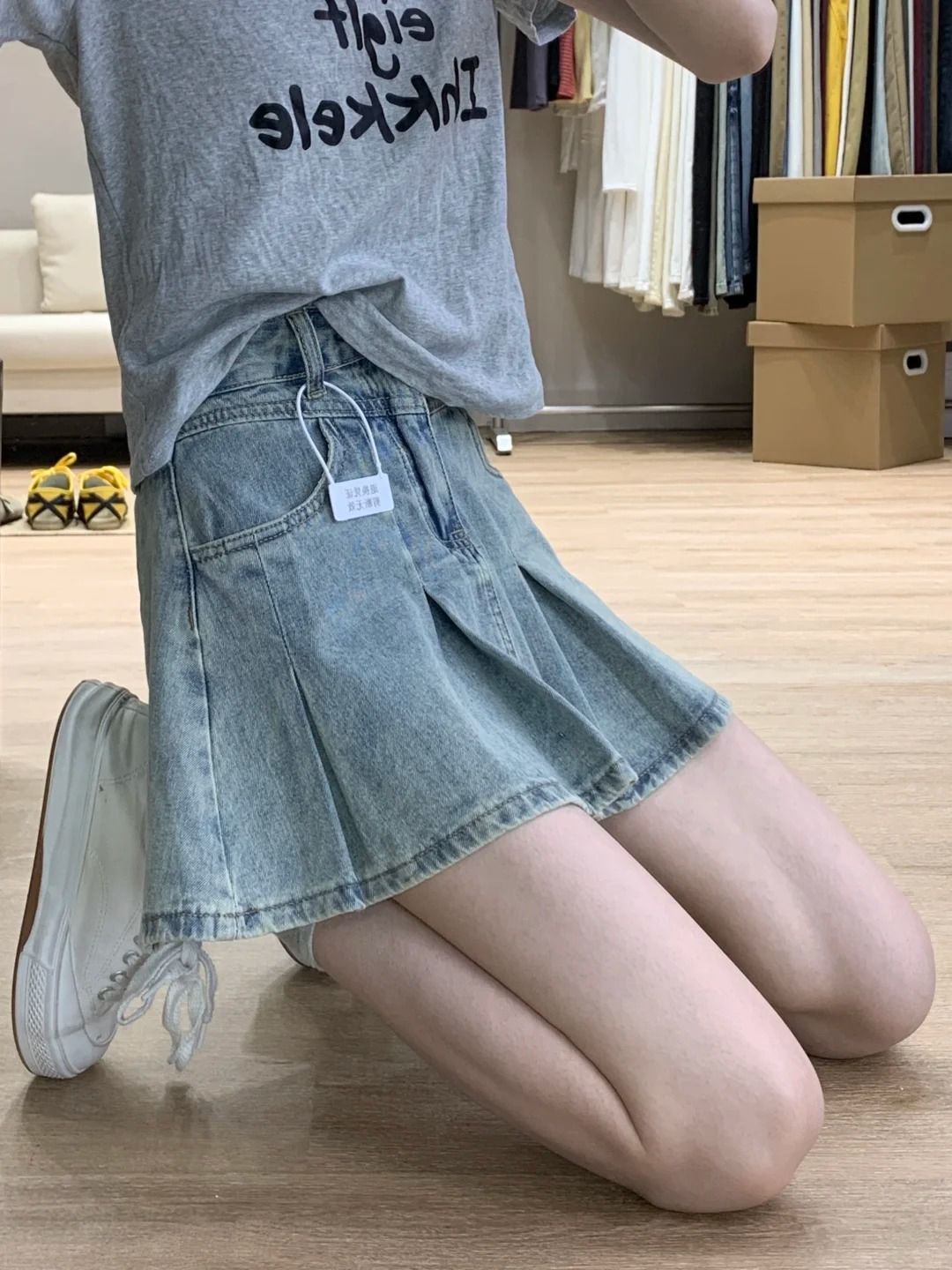 Women Fashion Jeans - กระโปรงยีนส์เอวสูงทรงเอพลีทสไตล์วินเทจ กระโปรงมินิสั้นลำลองแฟชั่น