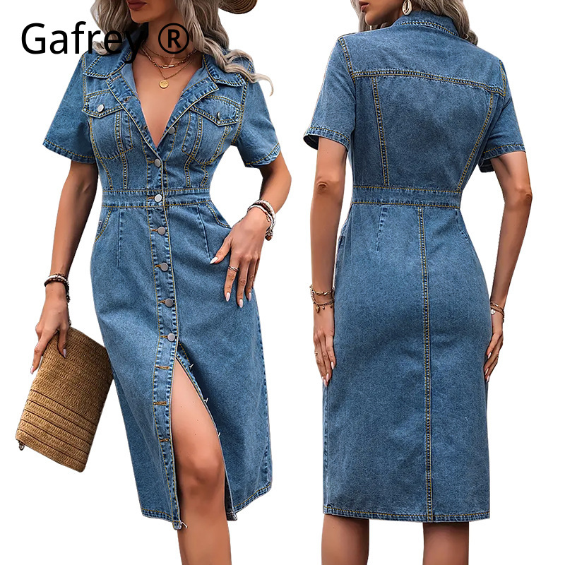 Women Fashion Jeans - เดรสยีนส์ผู้หญิงไซส์ใหญ่ คอปก แขนสั้น ทรงเข้ารูป แฟชั่นฤดูร้อน สไตล์ลำลอง