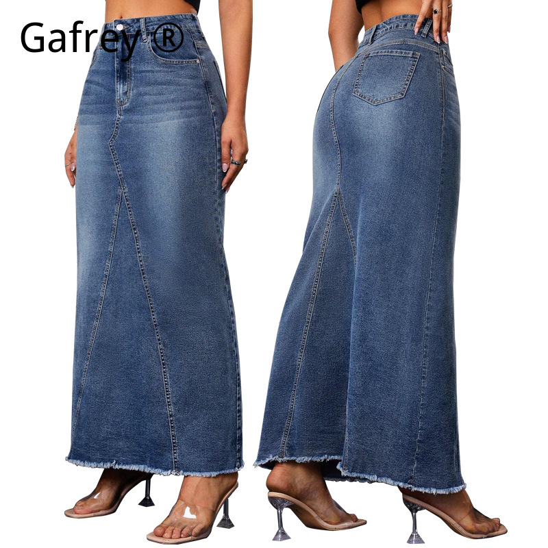 Women Fashion Jeans - กระโปรงยีนส์ทรงเอ midi เอวสูง ปลายบานทรงหางปลา แต่งชายรุ่ย ทรงเข้ารูป