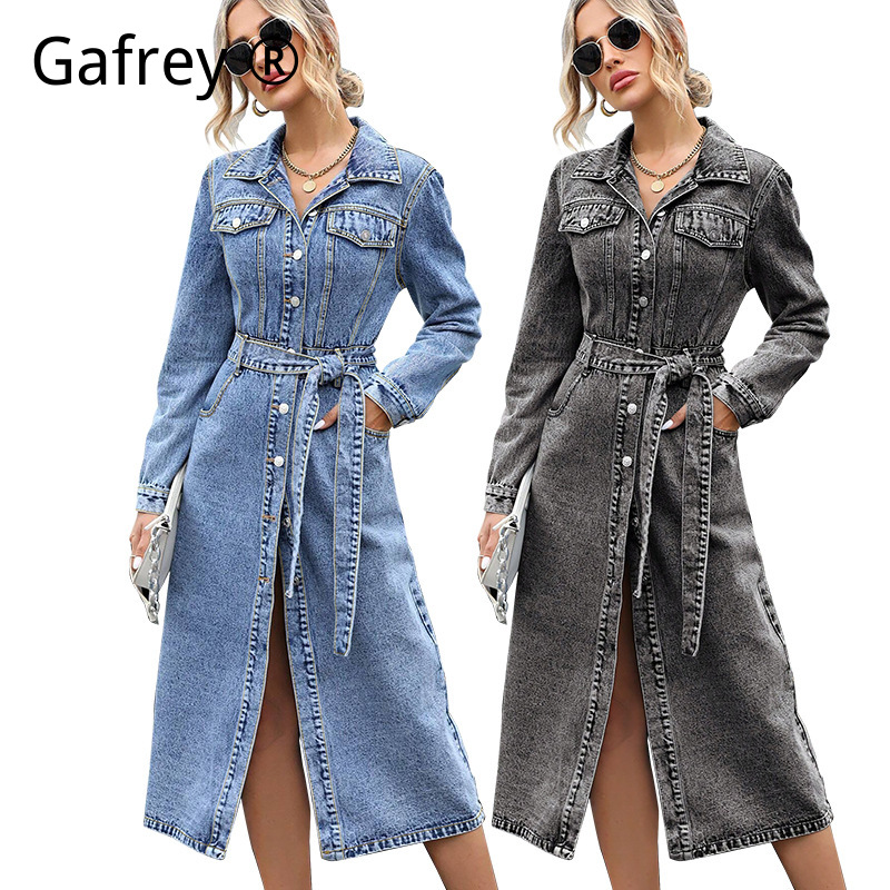Women Fashion Jeans - ชุดเดรสยีนส์แขนยาวสำหรับผู้หญิง ทรงเอเข้ารูป เอวคอด สำหรับฤดูใบไม้ร่วงและฤดูหนาว ชุดเดรสลำลองทรงเข้ารูปความยาวปานกลาง แฟชั่นสตรีทแวร์