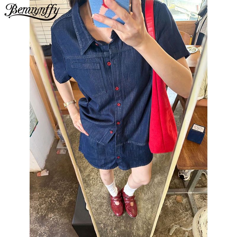 Women Fashion Jeans - เบนย์นฟฟี่ เรโทรเสื้อเชิ้ตแขนสั้นผู้หญิง 2026 ฤดูร้อนใหม่แฟชั่นเกาหลีหลวมกระดุมแถวเดียวหญิงเสื้อยีนส์