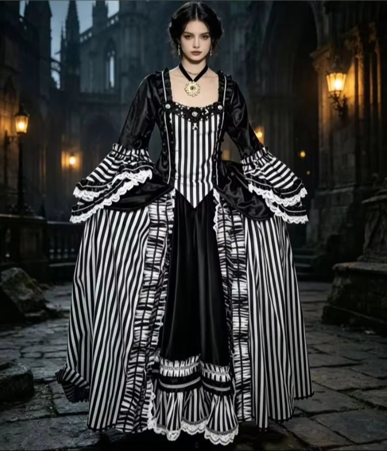 Women Fashion Gown - 1700s โรโคโคชุดเดรสลายทางสีดำและสีขาว ชุดแฟชั่นโรโคโค ชุดเดรสสั่งทำพิเศษสำหรับผู้หญิง