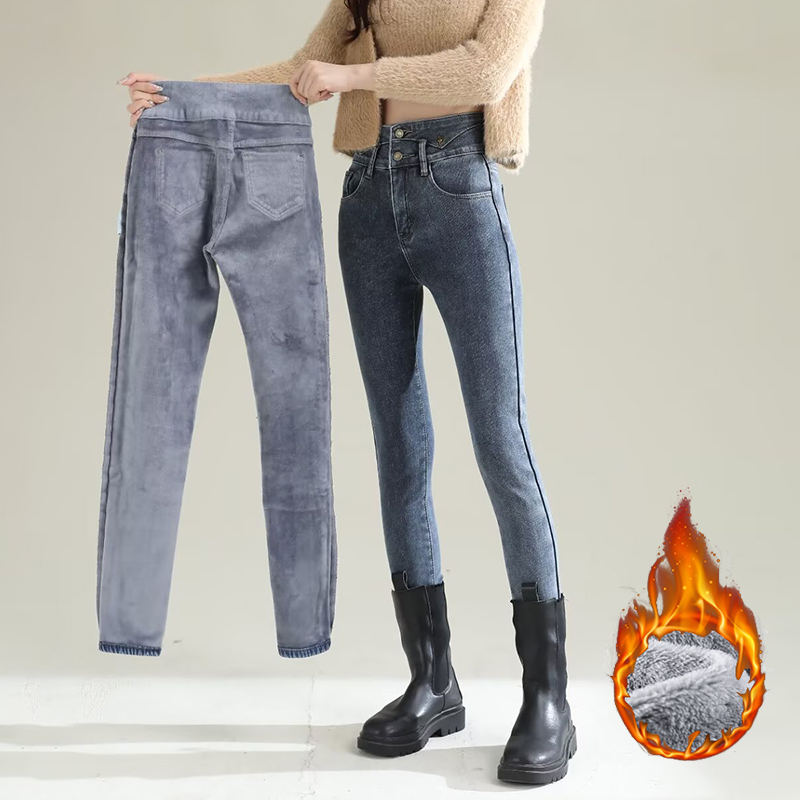 Women Fashion Jeans - กางเกงยีนส์ขายาวทรงตรงบุขนกำมะหยี่สำหรับผู้หญิง สไตล์วินเทจ ชิค อุ่นสบาย เหมาะสำหรับฤดูหนาว กางเกงเดนิมขาแคบแฟชั่นลำลองบุขน
