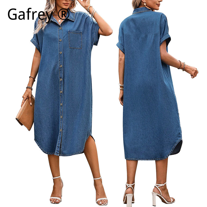 Women Fashion Jeans - เดรสยีนส์ผู้หญิงไซส์ใหญ่พิเศษ 4XL 5XL กระดุมหน้า แขนสั้น ความยาวปานกลาง