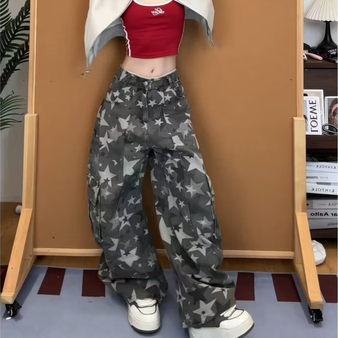 Women'S Fashion Utility Pants - กางเกงคาร์โก้ลายพรางสำหรับผู้หญิง เอวสูง ทรงหลวม ขาตรง กางเกงยูทิลิตี้ สตรีทแวร์