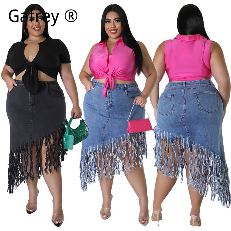 Women Fashion Jeans - กระโปรงยีนส์ผู้หญิงไซส์ใหญ่ 1XL 2XL 3XL รุ่นใหม่สำหรับฤดูใบไม้ผลิ แต่งชายระบาย