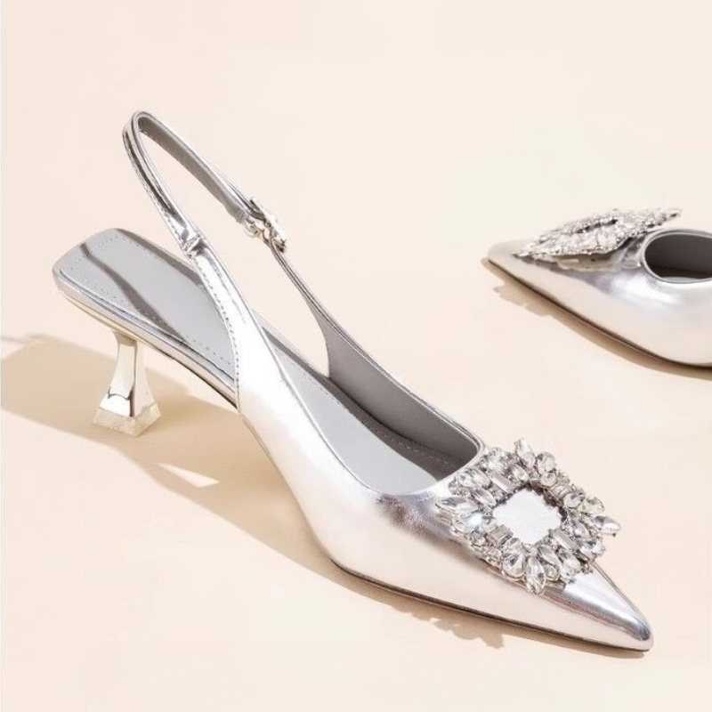 Women Fashion Ideas - ฤดูร้อนผู้หญิงรองเท้าแตะรองเท้าผู้หญิงใหม่ Pointed Toe Shallow Nude สีชมพูเพชรรองเท้าส้นกลับ