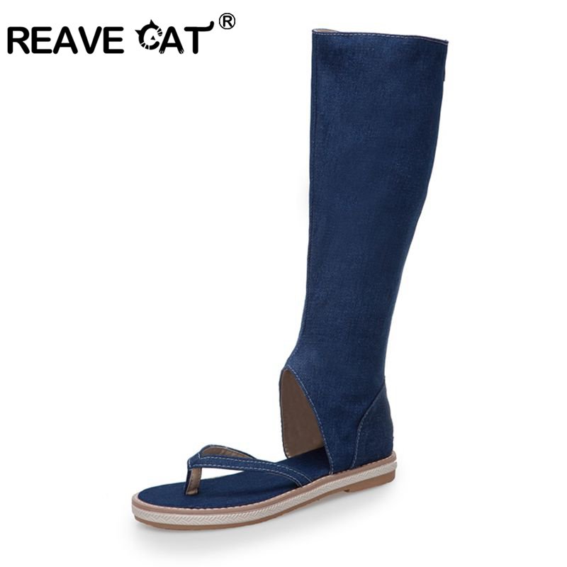 Women Fashion Jeans - REAVE แมวรองเท้าคลิปนิ้วเท้ารองเท้าแตะกางเกงยีนส์สีฟ้าแบนรองเท้าผู้หญิงฤดูร้อน Gladiator booties sandalias mujer