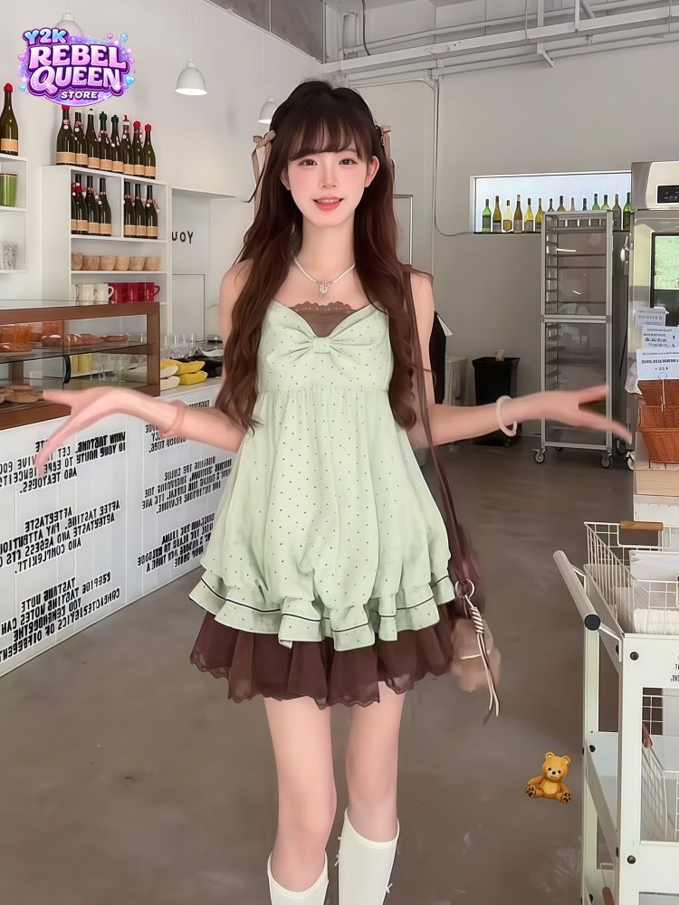 Ruched Dress Mini - ชุดเดรสสายเดี่ยวลายจุดสไตล์เกาหลีหวานๆ สำหรับผู้หญิง แต่งลูกไม้ โบว์ ระบายชายกระโปรงทรงบับเบิ้ล ทรงเข้ารูป