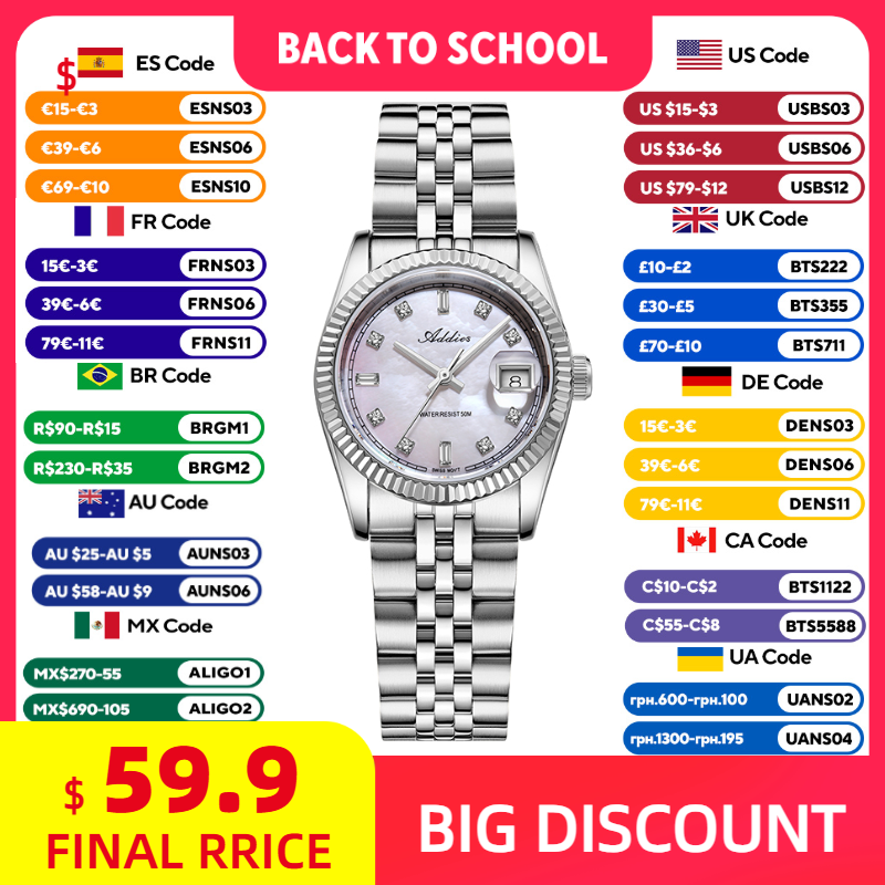 Fashion Women Watches - ADDIES 585 ควอตซ์นาฬิกาผู้หญิงกระจกแซฟไฟร์ 5 บาร์กันน้ำ 316L