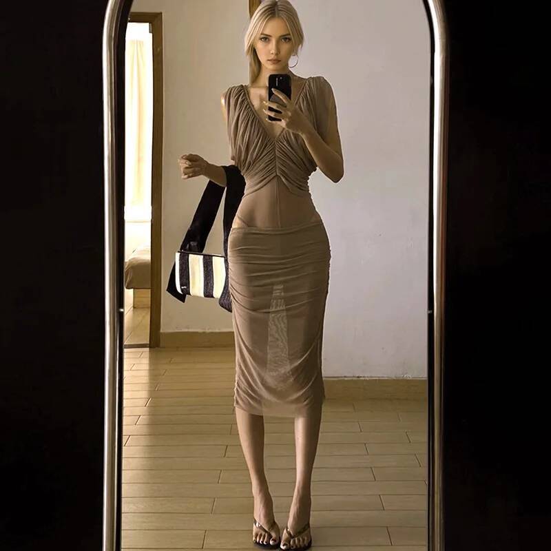 เดรสชีฟองฝรั่งเศสทรงเข้ารูปสำห - Ruched Dress Mini บทวิจารณ์และราคา
