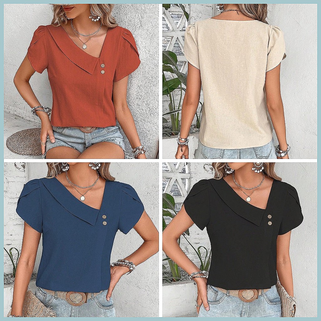เสื้อเบลาส์สีพื้นสไตล์วินเทจสำ - Women Top Fashion บทวิจารณ์และราคา